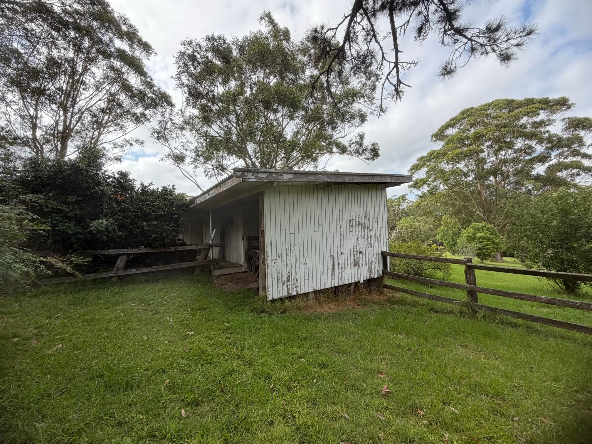 Fibro shed with cement sheet cladding and corrugated asbestos cement roof, Sydney, before licensed removal