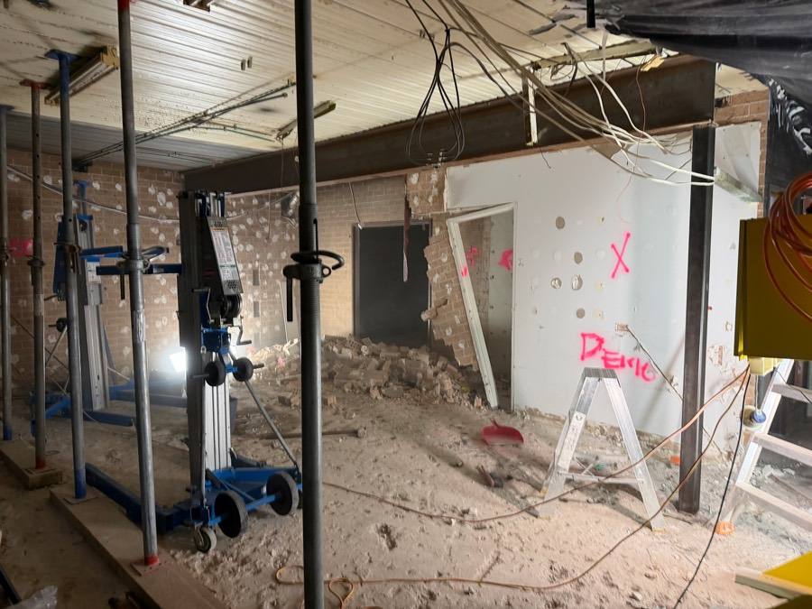 Commercial space stripped back to base building, marked for demolition